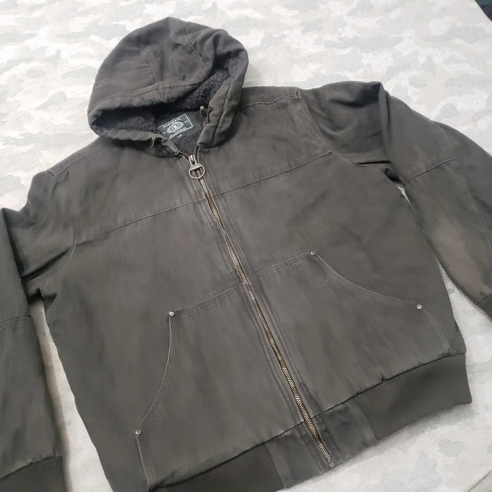 G.H. Bass Jacket Mens Large Gray Canvas Sherpa Lined Full Zip Hooded Workwear